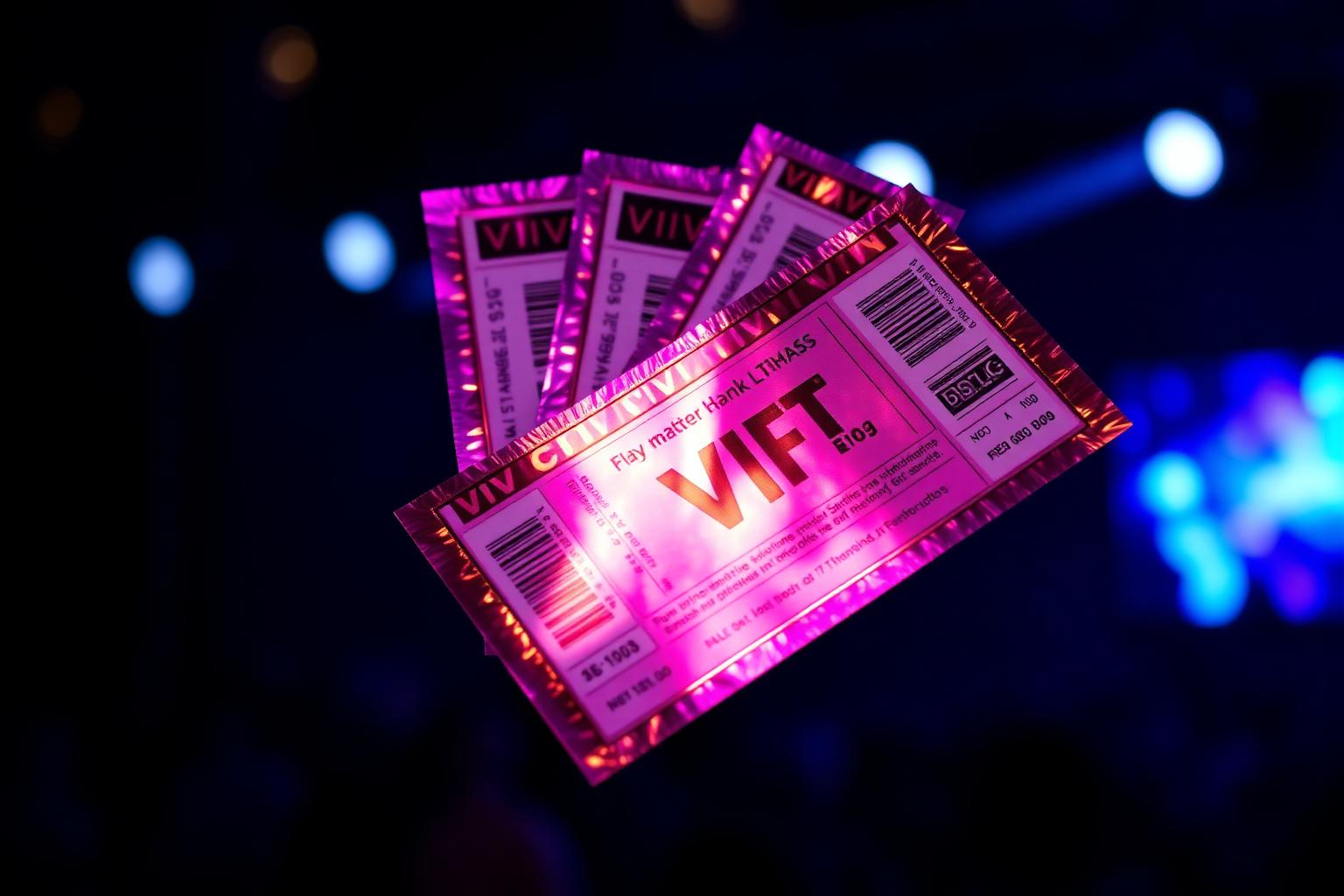 Holographic concert tickets and VIP passes floating in dark space